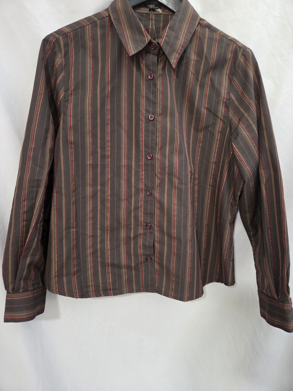 Haggar Brown Striped Button-Down Shirt with Red Accents